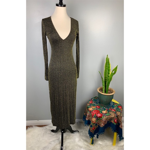 LPA Dresses & Skirts - LPA Dress 90 Black Gold Glitter stripe Long sleeve